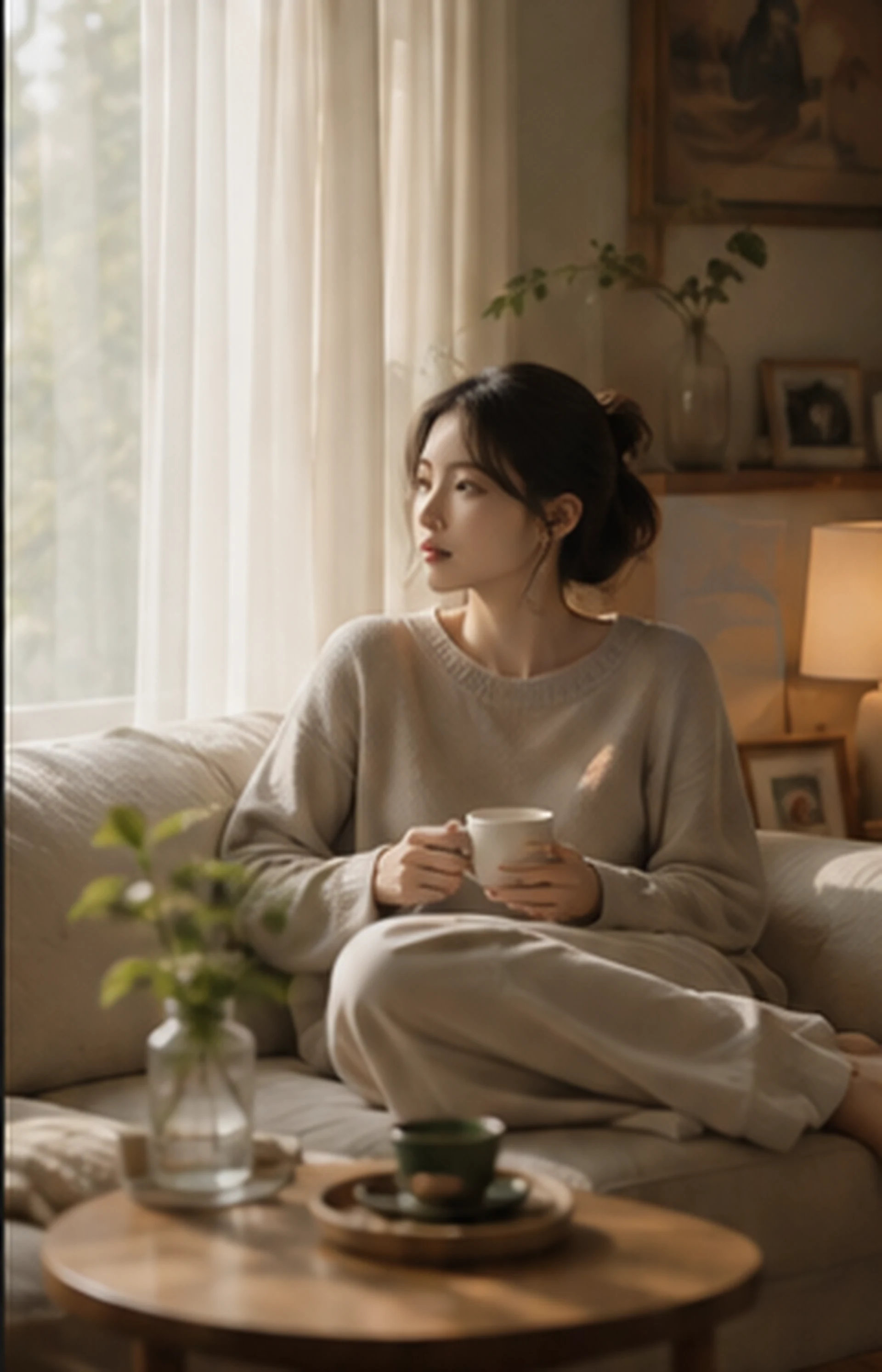 柔和自然光下的现代居家生活方式人像